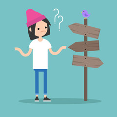 Young concerned girl trying to find the right direction / editable flat vector illustration, clip art