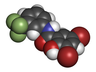 Fluorosalan antiseptic molecule. 3D rendering. Atoms are represented as spheres with conventional color coding.