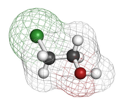 Ethylene chlorohydrin molecule. Side product formed during ethylene oxide sterilization. 3D rendering. Atoms are represented as spheres with conventional color coding.
