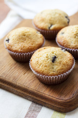 Homemade muffins with blueberries on a wooden board