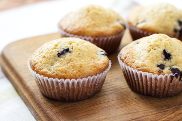 Homemade muffins with blueberries on a wooden board