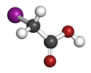 Iodoacetic acid molecule. Toxic alkylating agent. 3D rendering. Atoms are represented as spheres with conventional color coding.