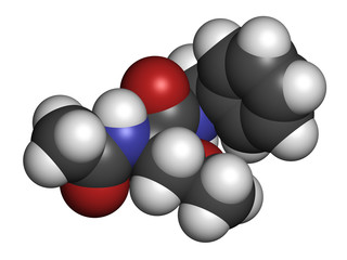 Lacosamide anticonvulsant drug molecule. 3D rendering. Atoms are represented as spheres with conventional color coding: hydrogen (white), carbon (grey), nitrogen (blue), oxygen (red).