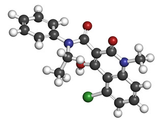 Laquinimod multiple sclerosis drug molecule. 3D rendering. Atoms are represented as spheres with conventional color coding.