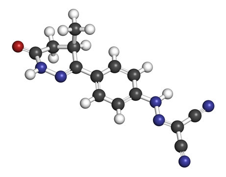 Levosimendan heart failure drug molecule. 3D rendering. Atoms are represented as spheres with conventional color coding: hydrogen (white), carbon (grey), nitrogen (blue), oxygen (red).