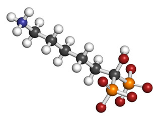 Neridronic acid drug molecule. Used for treatment of osteogenesis imperfecta and Paget's disease of bone. 3D rendering. Atoms are represented as spheres.