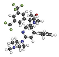 Netupitant drug molecule. NK1 receptor antagonist, used in combination for the prevention of nausea and vomiting induced by chemotherapy. 3D rendering. 