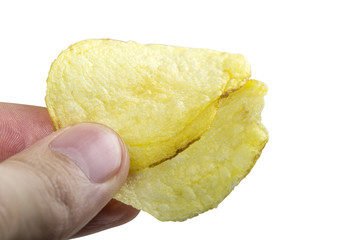 Man hand with two potato chips isolated on white