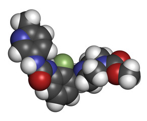 Omecamtiv mecarbil heart failure drug molecule. 3D rendering. Atoms are represented as spheres with conventional color coding.