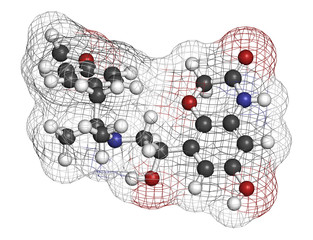 Olodaterol COPD drug molecule (ultra-LABA class). 3D rendering. Atoms are represented as spheres with conventional color coding: hydrogen (white), carbon (grey), nitrogen (blue), oxygen (red).