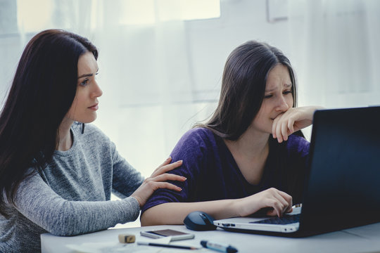 Scared Mother Arguing Daughter Over Online Activity. Cyber Bullying Or Blue Whale Game Concept