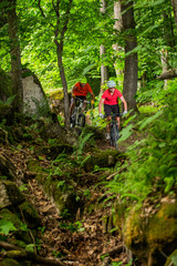 Couple Mountain Biking on Single Track in the Forest