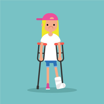 recommend clip art: Disabled blond girl on crutches with broken leg / editable vector illustration, vector clip art