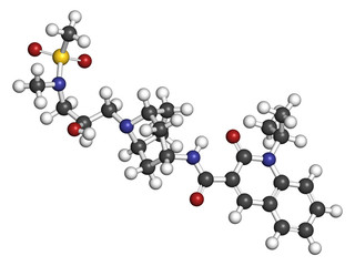 Velusetrag gastroparesis drug molecule. 3D rendering. Atoms are represented as spheres with conventional color coding.