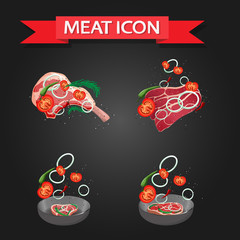 Fresh meat steak set vector isolated on dark background