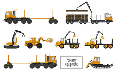 Forestry equipment: loggers, carriers of the woods. Vector - obrazy, fototapety, plakaty