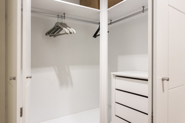 Empty shelves in the closet wardrobe for clothes.