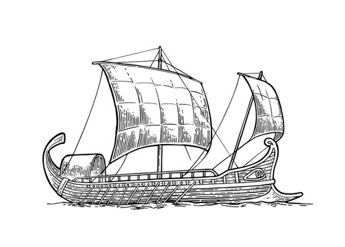 Trireme floating on the sea waves. intage vector engraving illustration