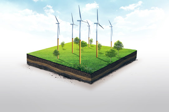 Wind power plant station. 3d illustration of a soil slice, green meadow with trees isolated on white background