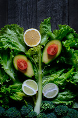 Background in the form of fresh vegetables and fruit in a rustic style