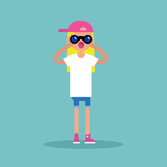 Young blond girl looking through a binocular / editable flat vector illustration, clip art