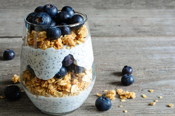 Yogurt with granola, fresh blueberries, chia seeds and oats
