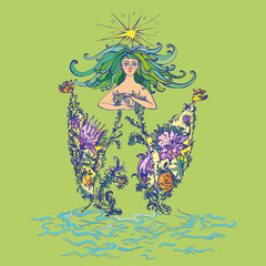 Mother nature as beautiful woman in dress of flowers with curly green hair holding lilies of the valley. Suitable for Mother Day and Earth Day pictures and cards. Vector Illustrationn