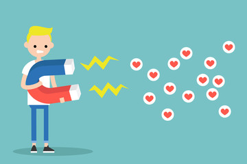 Social media marketing concept. Young blonde boy attracting likes with a huge magnet / editable flat vector illustration