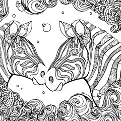 hand drawn ink doodle zebra and wave on white background. design for adults, poster, print, t-shirt, invitation, banners, flyers. sketch. vector eps 8. © alexandrakuz