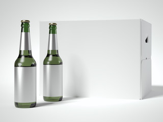 White blank beer packaging and two bottles. 3d rendering