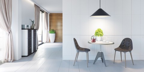 Contemporary style interior, home dining room. Small table with plant, chairs and coffee cups