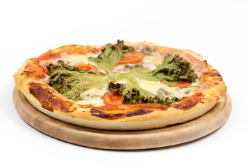 Baked round pizza with fresh lettuce and tomato with copy space