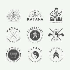 Set of vintage karate or martial arts logo, emblem, badge, label and design elements in retro style. Vector illustration. Monochrome Graphic Art.