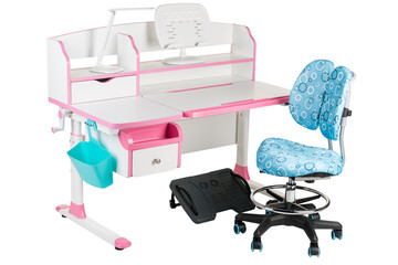 Blue chair, pink school desk, blue basket, desk lamp and black support under legs