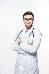  portrait - a family doctor with stethoscope on white background