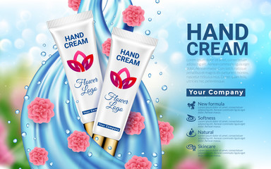 Hand Cream White Tube Blue Drop and Pink Flowers Blurred bokeh Background. Wave Jet Water. Cosmetics Advertising Gentle. Package Design Promotion New Product. 3D Vector Illustration