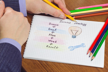 Man hand writes success strategy text and some drawings on the page of notepad with color pencils on the table.