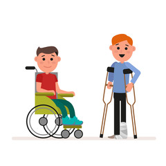 Special needs children or handicapped children. Boy is sitting in a wheelchair. Child is standing with crutches. Flat character isolated on white background. Vector, illustration EPS10.
