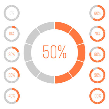 Set Of Ring Pie Charts With Percentage Value. Performance Analysis In Percent. Modern Vector Grey-orange Infographic Graph Elements.