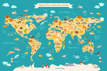 Tierkarte für Kinder. Weltvektorposter für Kinder, niedlich illustriert. Vorschul-Cartoon-Globus mit Tieren. Ozeane und Kontinent: Südamerika, Eurasien, Nordamerika, Afrika, Australien. Baby-Weltkarte © coffeee_in