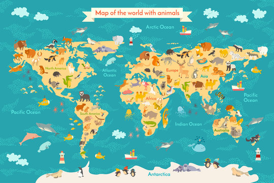 Animal map for kid. World vector poster for children, cute illustrated. Preschool cartoon globe with animals. Oceans and continent: South America,Eurasia,North America,Africa, Australia.Baby world map