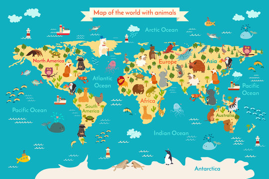 Animals world map. Vector illustration, preschool, baby,continents, oceans, drawn, Earth. © coffeee_in