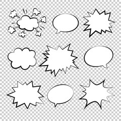 Bubbles comic style vector duddle illustration. Cartoon explosion, speach isolated on transparent background. Tag icons, spech bubble in pop art - 140562901