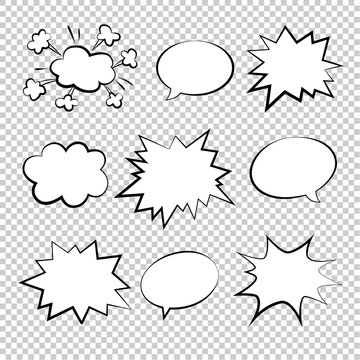Bubbles comic style vector duddle illustration. Cartoon explosion, speach isolated on transparent background. Tag icons, spech bubble in pop art