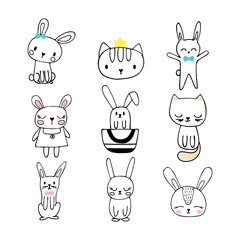 Collection of children doodles and sketches with funny animals. Set of cute hand drawn bunnies and cats