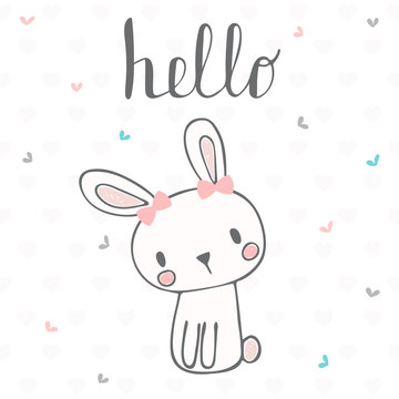 Cute postcard with funny rabbit. Card with hello text for little girl. Template for your design