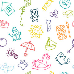 Doodle children drawing background. Seamless pattern for cute little girls and boys. Sketch set of drawings in child style