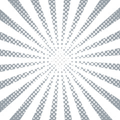 Gray pop art rays, vector background. Abstract comic style, monochrome halftone effect sunburst. Retro ray gray. and white color