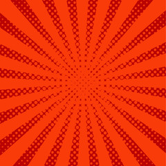Red pop art rays, vector background. Abstract comic style, halftone effect sunburst. Retro ray orange. and red color