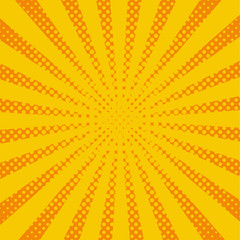 Yellow pop art rays, vector background. Abstract comic style, halftone effect sunburst. Retro ray orange. and yellow color